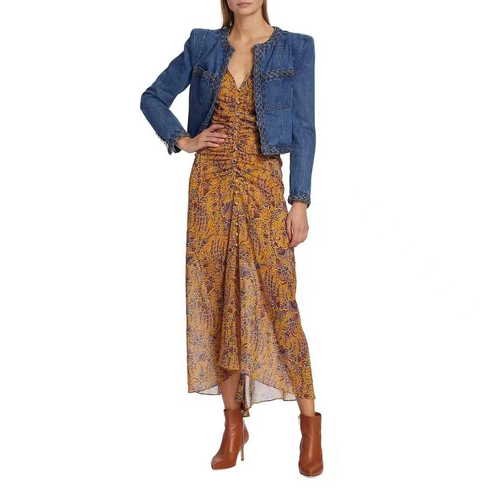 Plissiertes Oberteil mit ausgestellten Ärmeln und Maxirock-Set mit Taillengürtel – Rosiny 