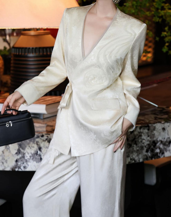 jacquard wrap blazer with wide-leg satin trousers – SERAPHINE