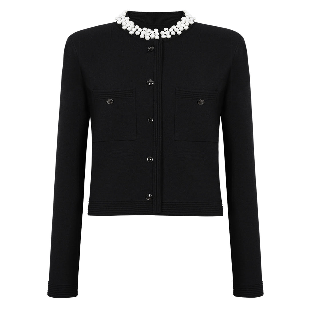 cropped cardigan jacket with pearl-embellished collar - ELLAZ