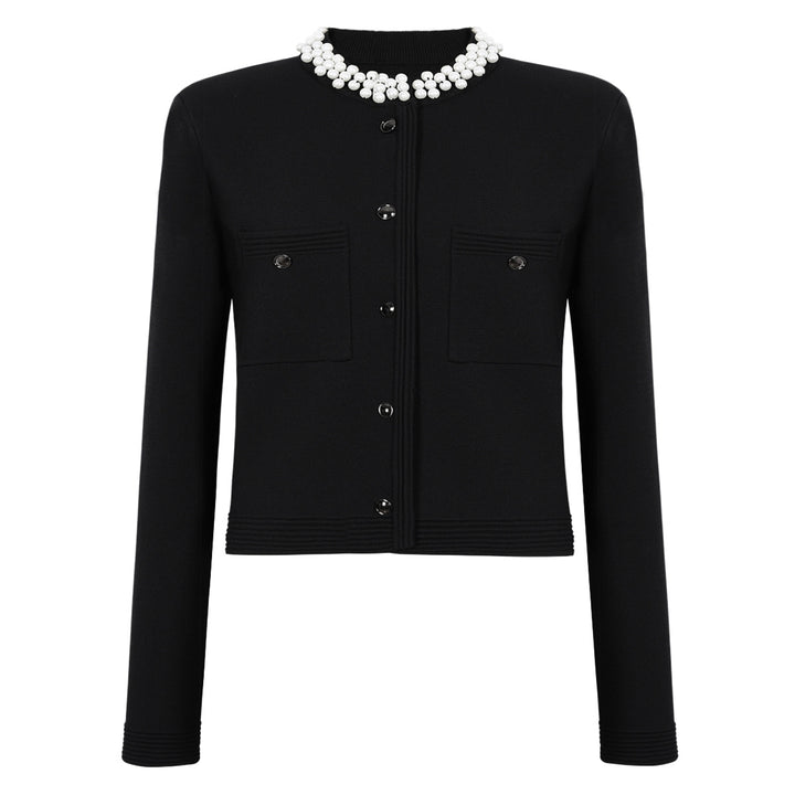 cropped cardigan jacket with pearl-embellished collar - ELLAZ