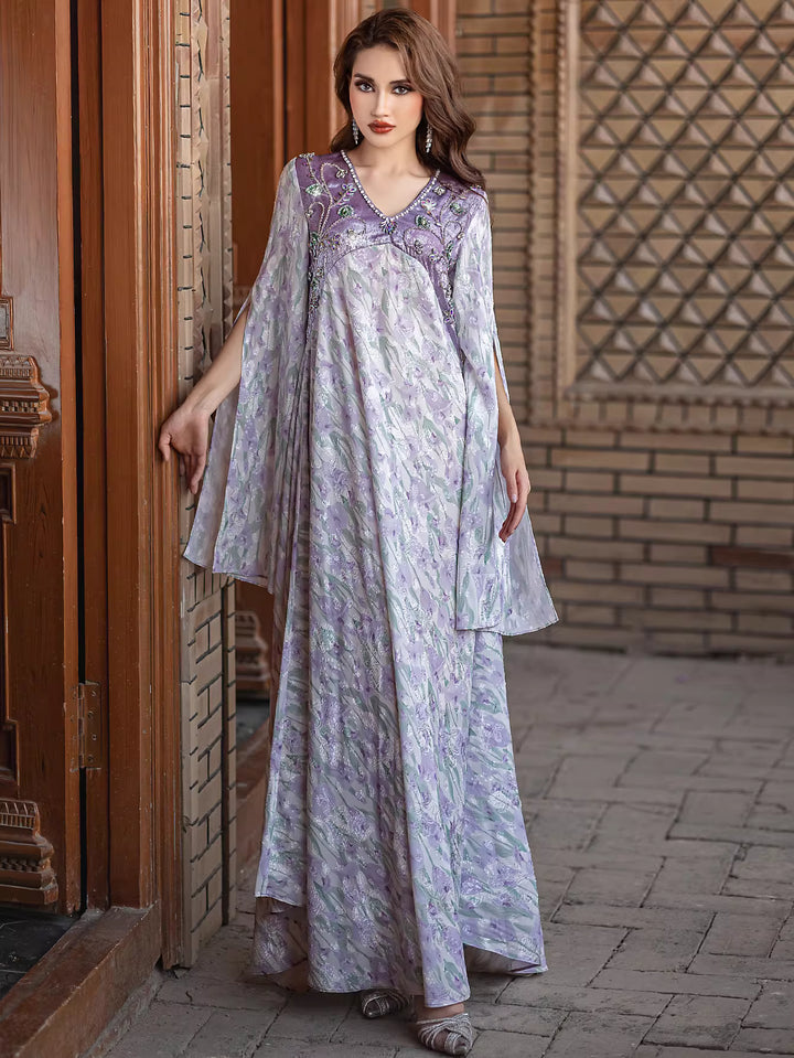 Embroidered Flowing Maxi Dress with Wide Sleeves – LILAC