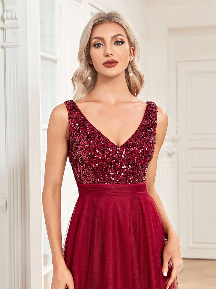 sleeveless sequin bodice dress with layered high-low hem – ARITNA