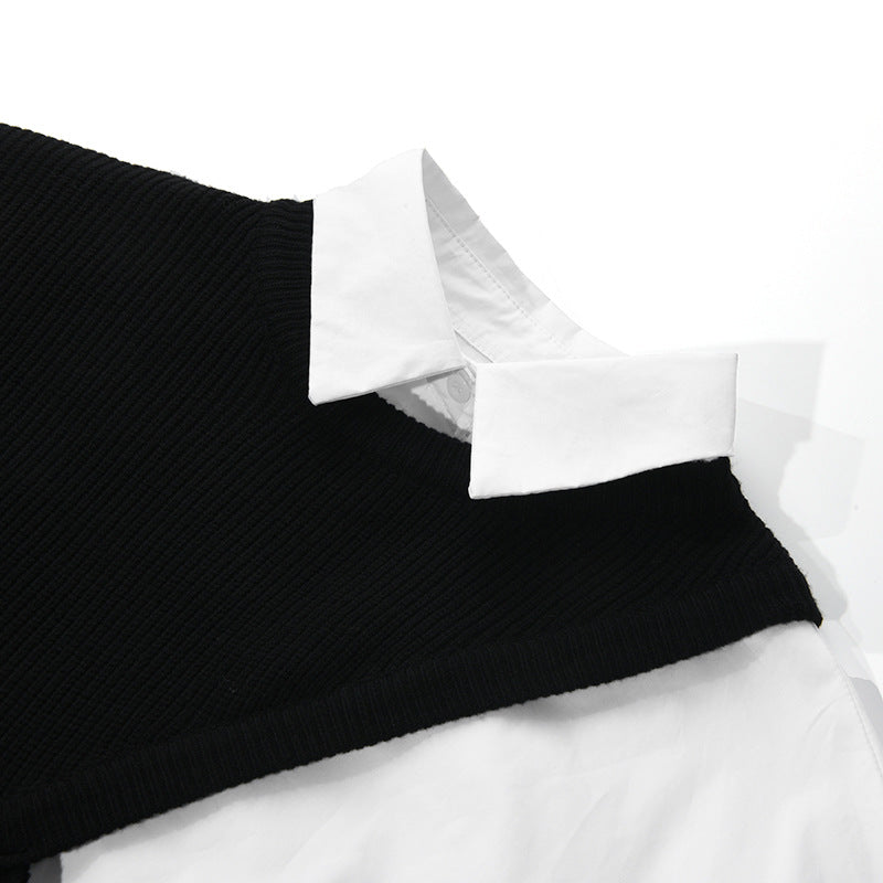 قميص متعدد الطبقات بتصميم متباين مع لوحة محبوكة غير متماثلة - مونو