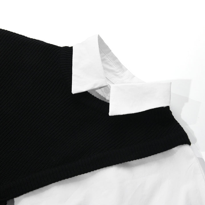 قميص متعدد الطبقات بتصميم متباين مع لوحة محبوكة غير متماثلة - مونو