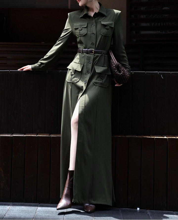 button-down military maxi dress with belted waist – NOIRE