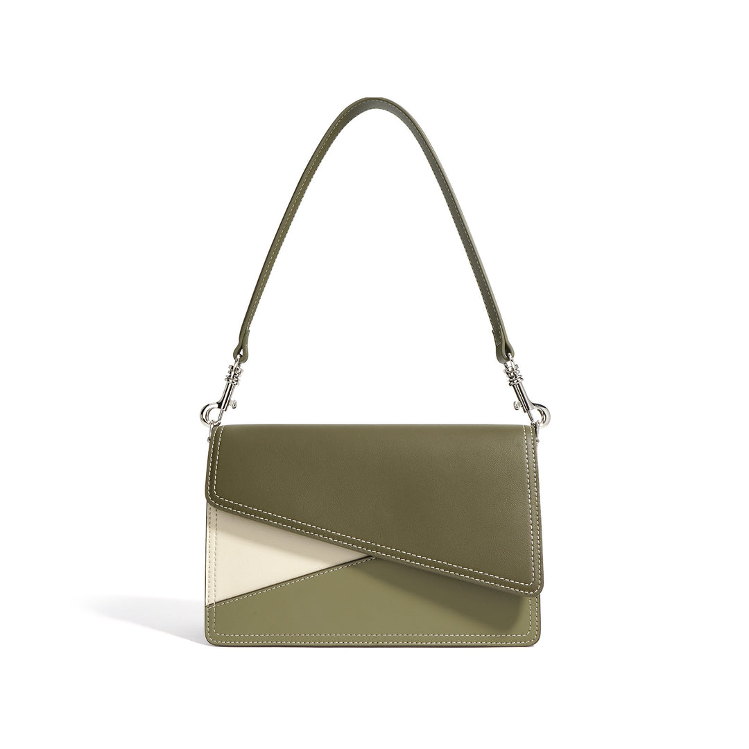 asymmetrical flap shoulder bag in two-tone vegan leather - ELLA