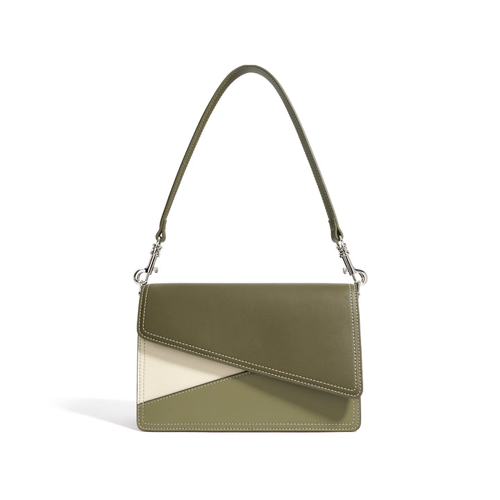 asymmetrical flap shoulder bag in two-tone vegan leather - ELLA