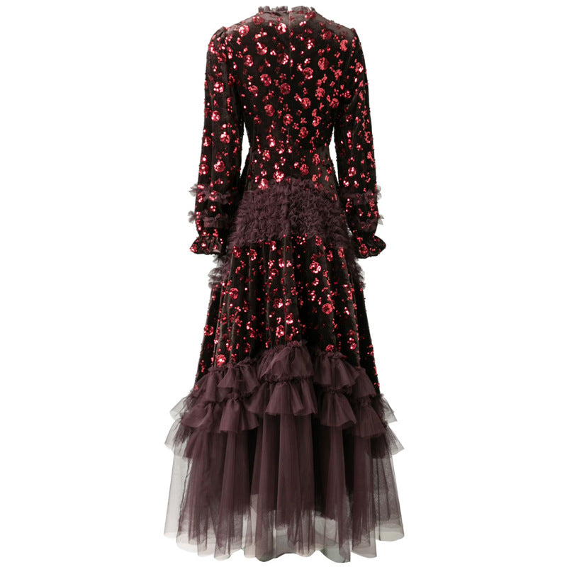 فستان مخملي مزين بالترتر مع حاشية من التول متعدد الطبقات – مارسيلينا