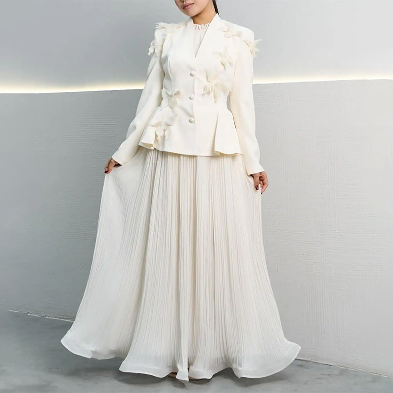 pleated maxi skirt with 3D butterfly blazer – AZURE