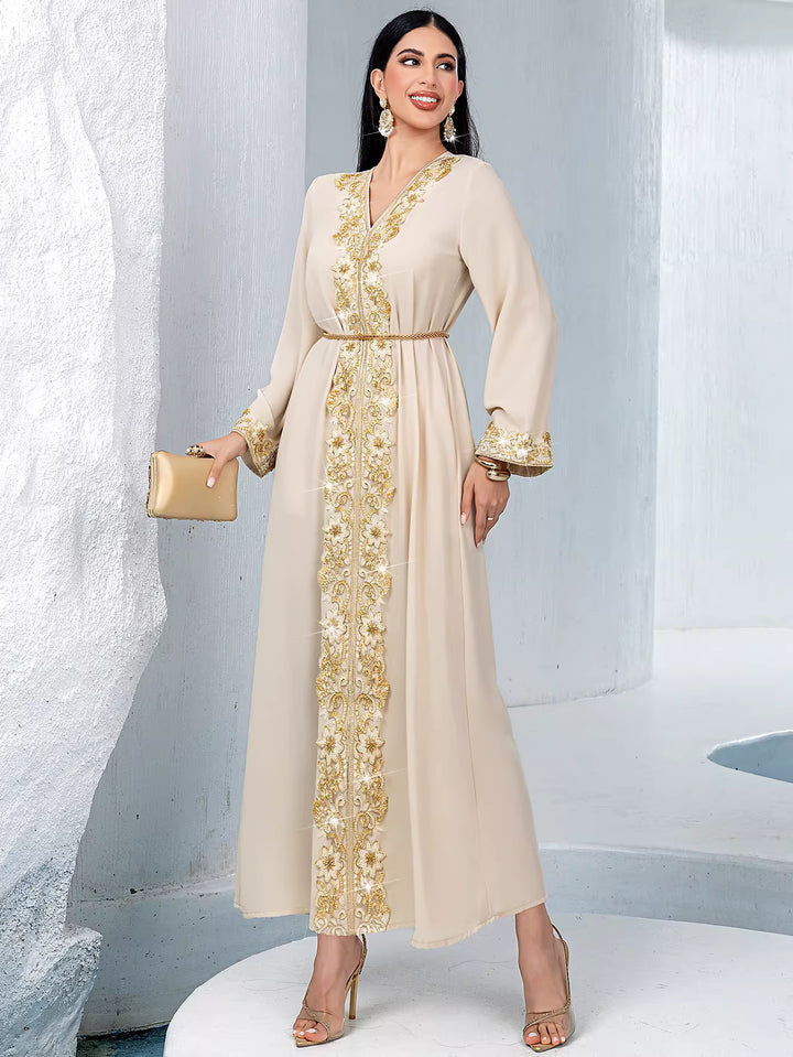 embroidered V-neck long abaya with waist belt – AURELIA