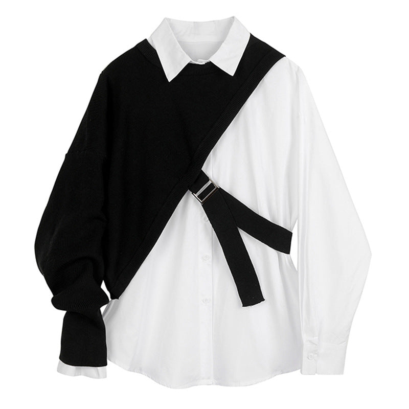 قميص متعدد الطبقات بتصميم متباين مع لوحة محبوكة غير متماثلة - مونو