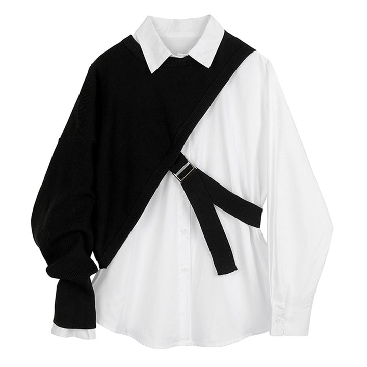 قميص متعدد الطبقات بتصميم متباين مع لوحة محبوكة غير متماثلة - مونو