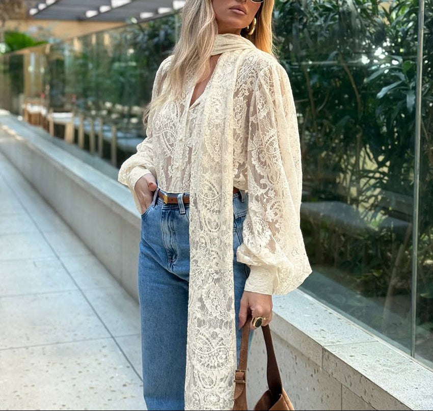 lace blouse with long scarf tie – AMORE