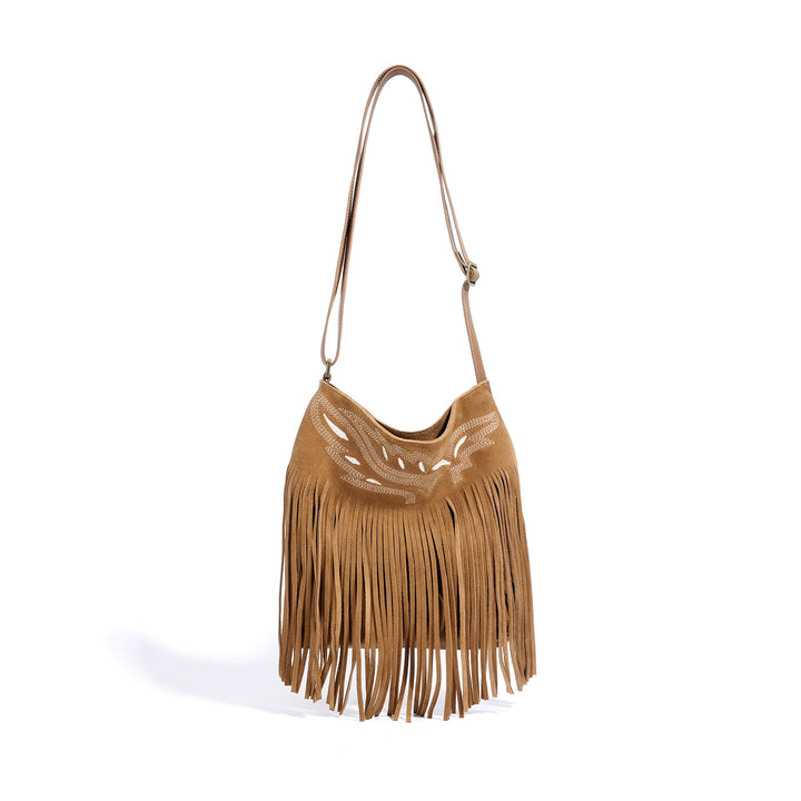 fringed suede shoulder bag with boho details - ZARAXWI