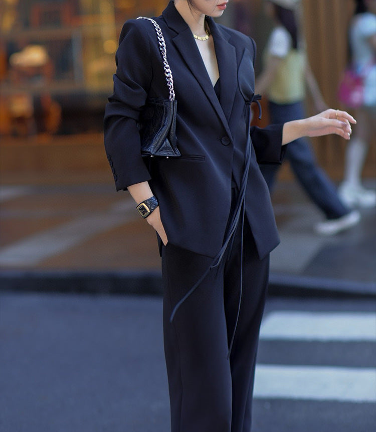 draped satin-detail blazer with wide-leg trousers – LUMIERA