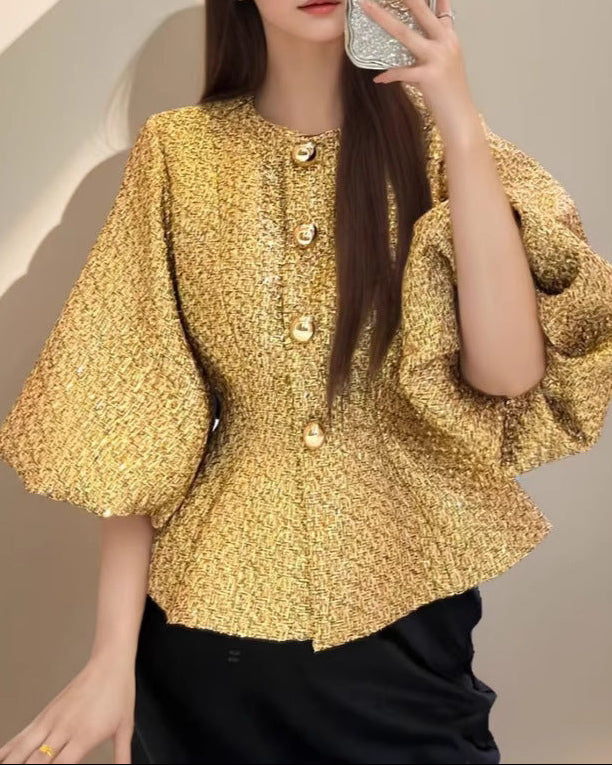 Haut à manches évasées plissées et ensemble jupe longue avec ceinture à la taille – Rosiny 