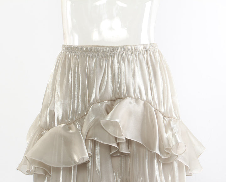 high-waist ruffled satin skirt with asymmetric hem – ELIORA