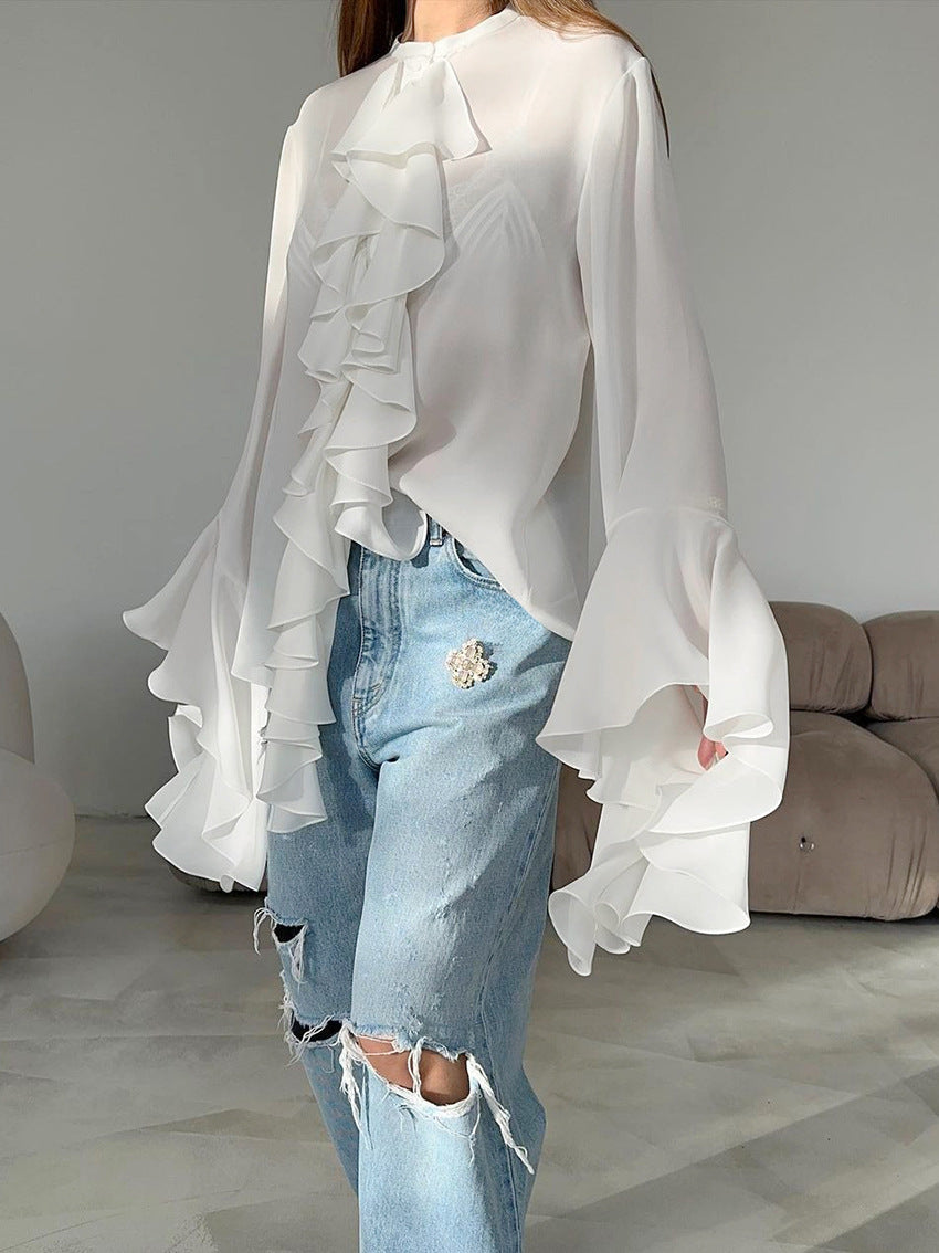 ruffled chiffon blouse with flared sleeves – OPHELIA