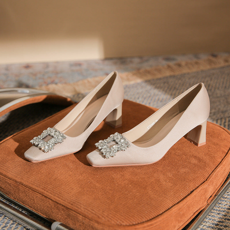 square-toe block heels with crystal buckle – AURORZAM