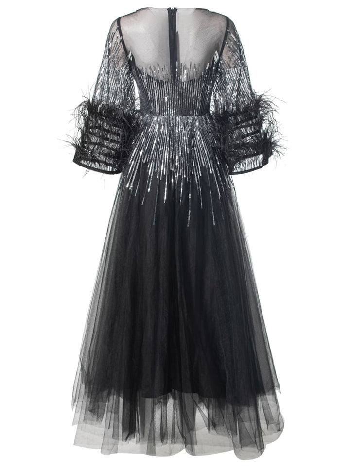 sequin tulle gown with feathered sleeves - CELESVE