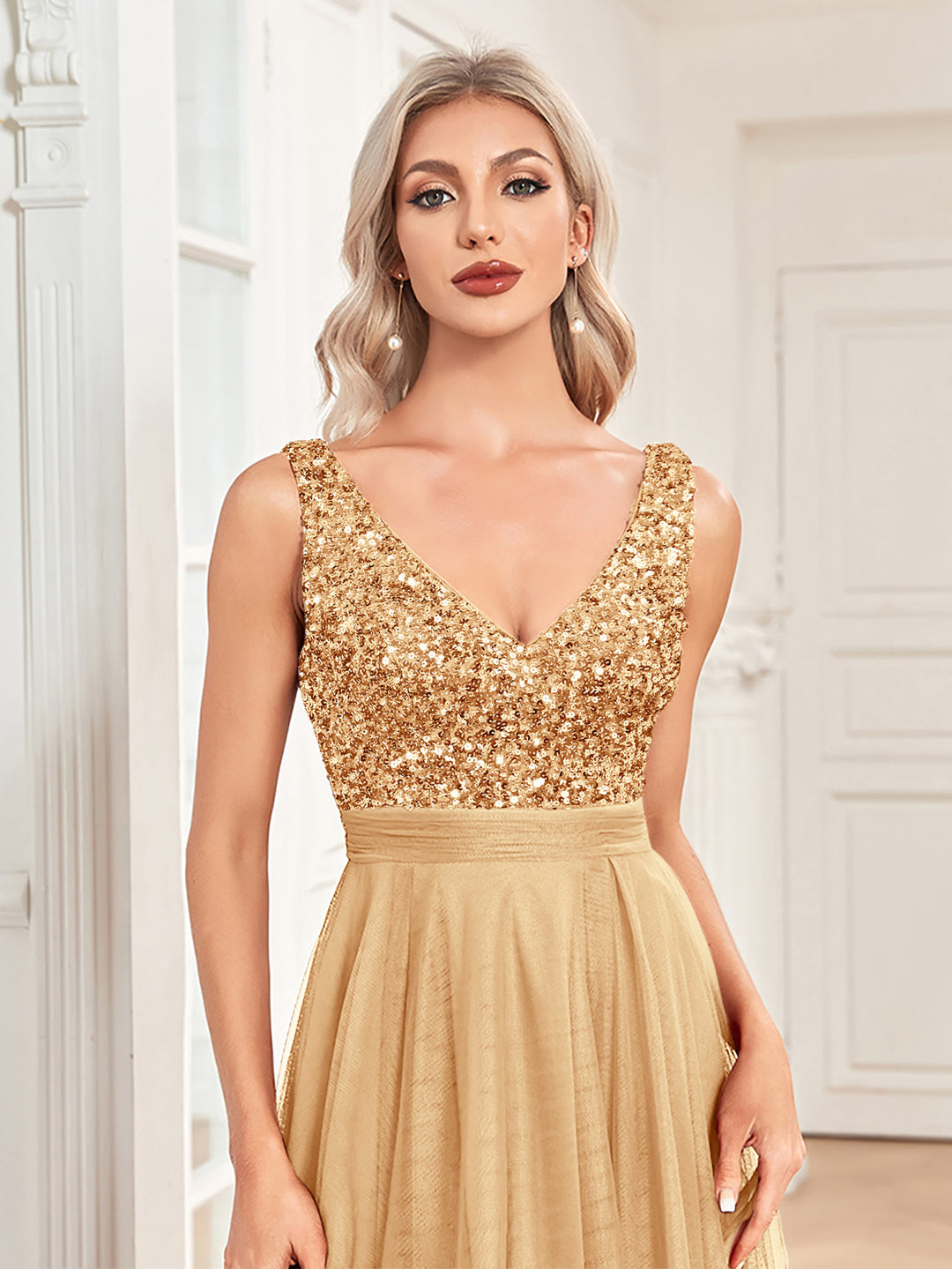 sleeveless sequin bodice dress with layered high-low hem – ARITNA