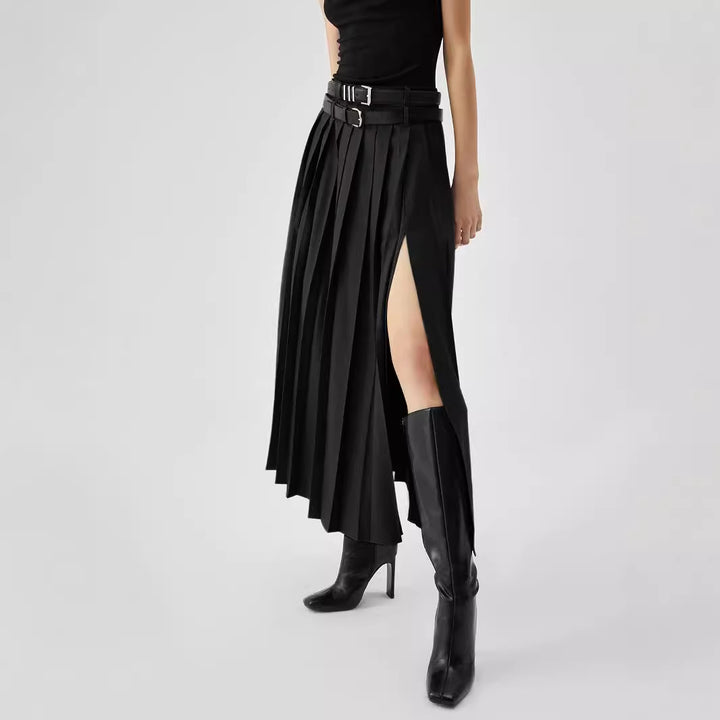 pleated high-slit midi skirt with belt detail – URBAN