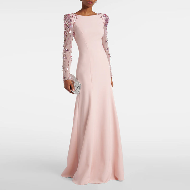 long column dress with embellished sheer sleeves - AUROXIA