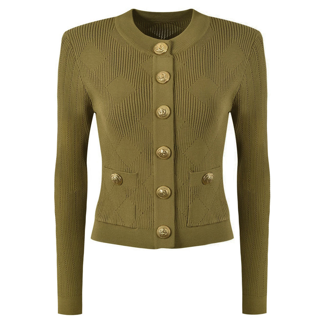 three-piece knit set with gold button detailing – ATHENAZI