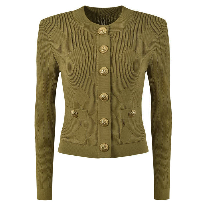 three-piece knit set with gold button detailing – ATHENAZI