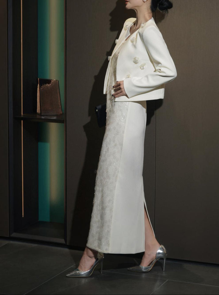 فستان عمودي بدون أكمام مزين بالترتر مع سترة قصيرة مزينة – أورورا