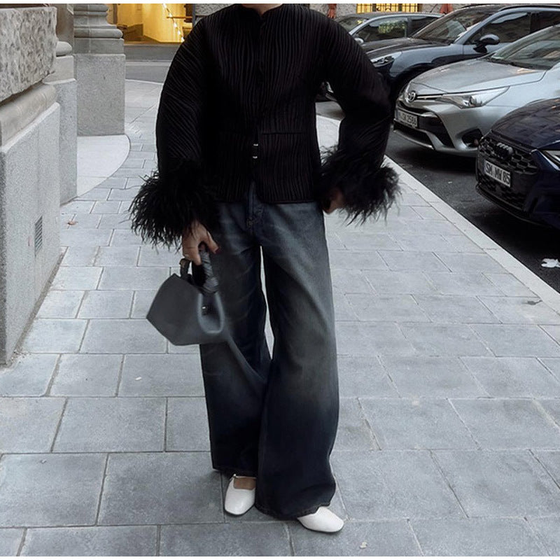 quilted jacket with feather-trimmed sleeves – BOGTAR