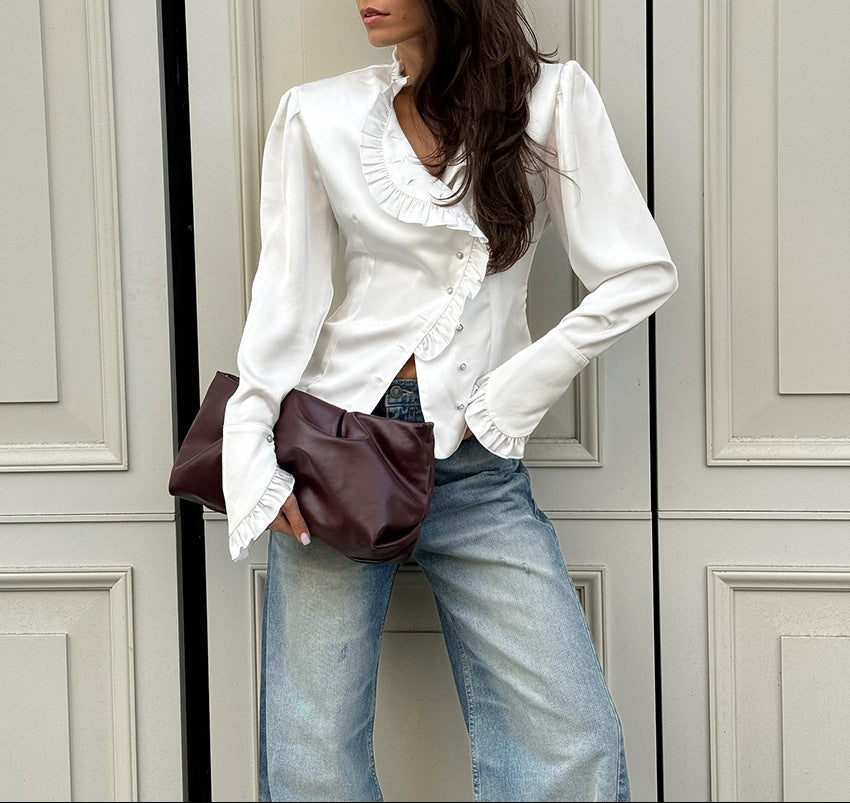 asymmetrical ruffle-front satin blouse – REGALIA