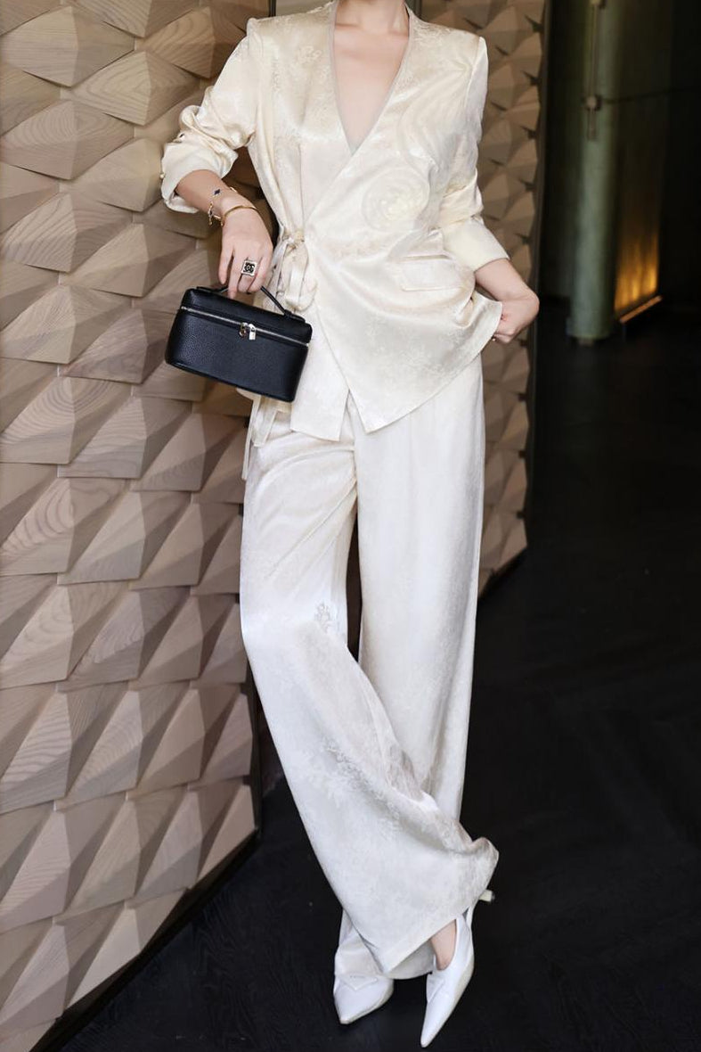 jacquard wrap blazer with wide-leg satin trousers – SERAPHINE
