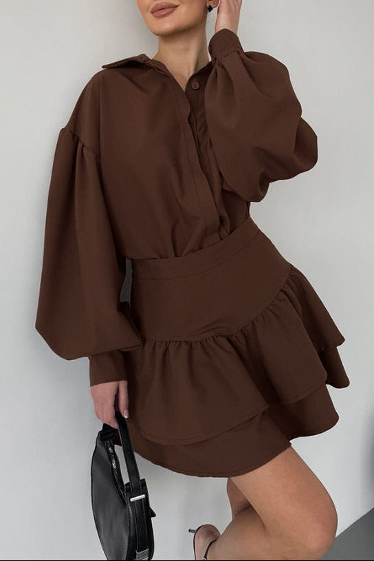 Puff-Sleeve Blouse with Ruffled Mini Skirt Set – COCOA