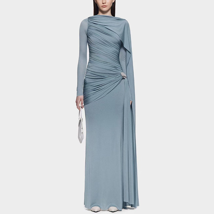 Asymmetric draped long-sleeve gown – BLUSHIA