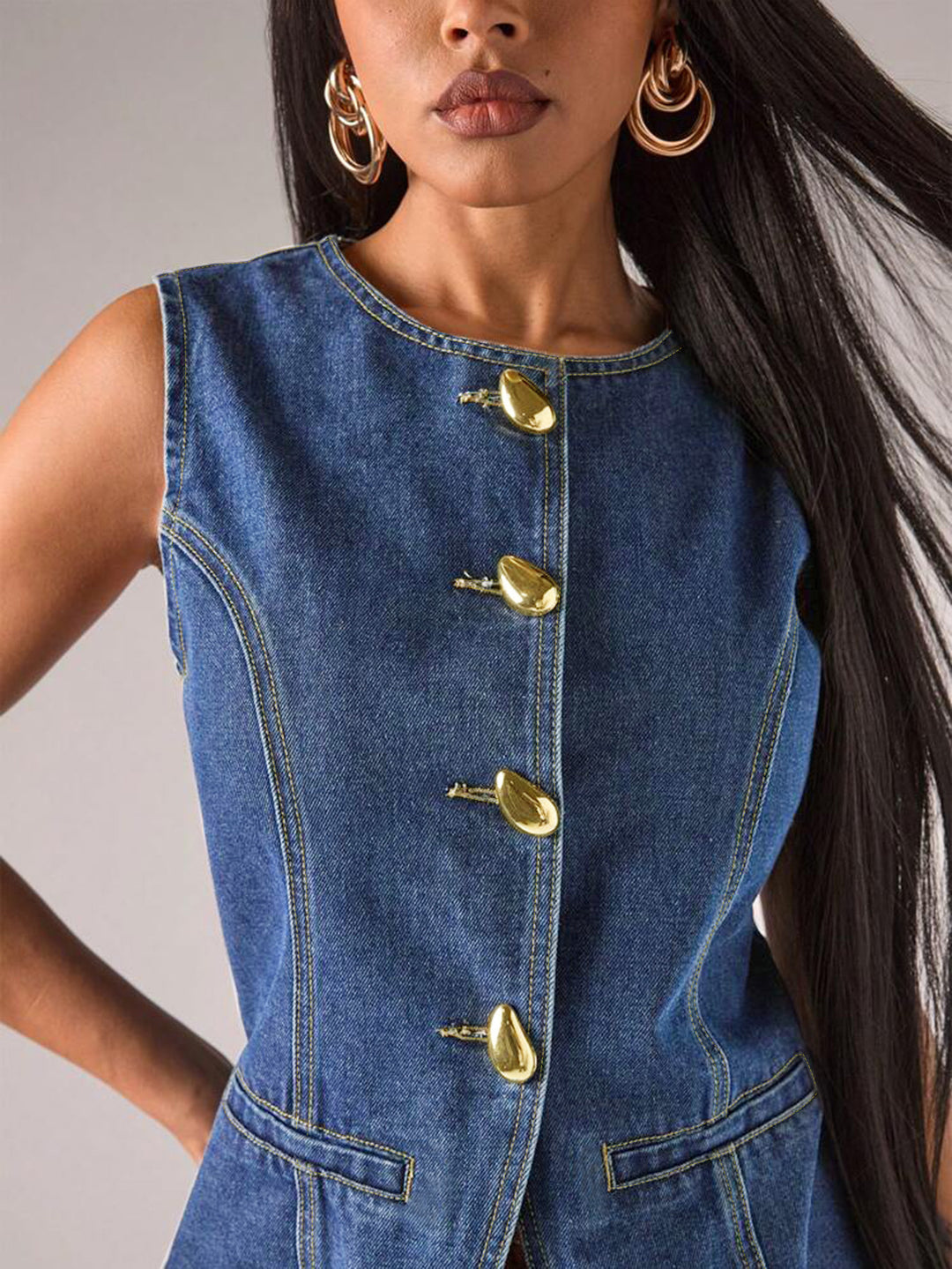 sleeveless denim top with gold statement buttons – NOLA
