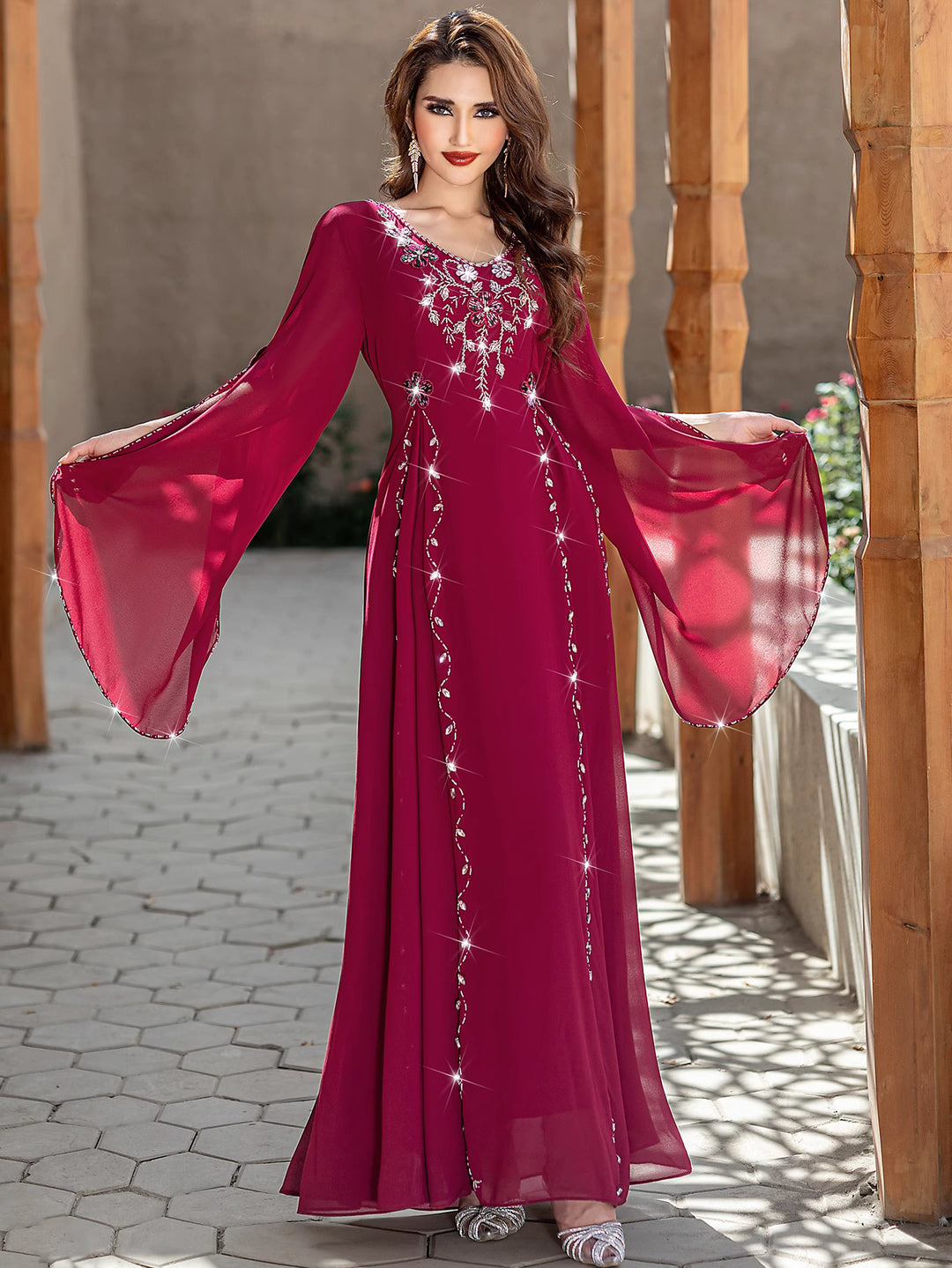 embellished chiffon gown with flared sleeves - SOFIANZA