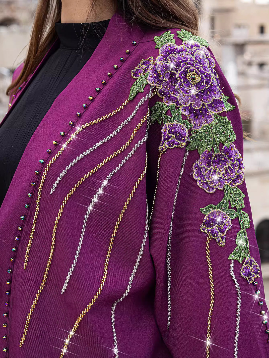 embellished open dress with floral embroidery - DALIMKA