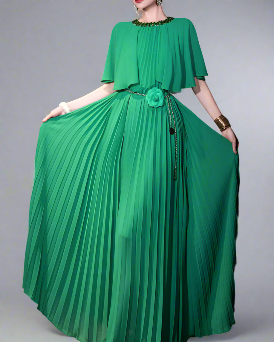 短袖中长连衣裙，配有3D花卉贴花 - BLOOMIQ 