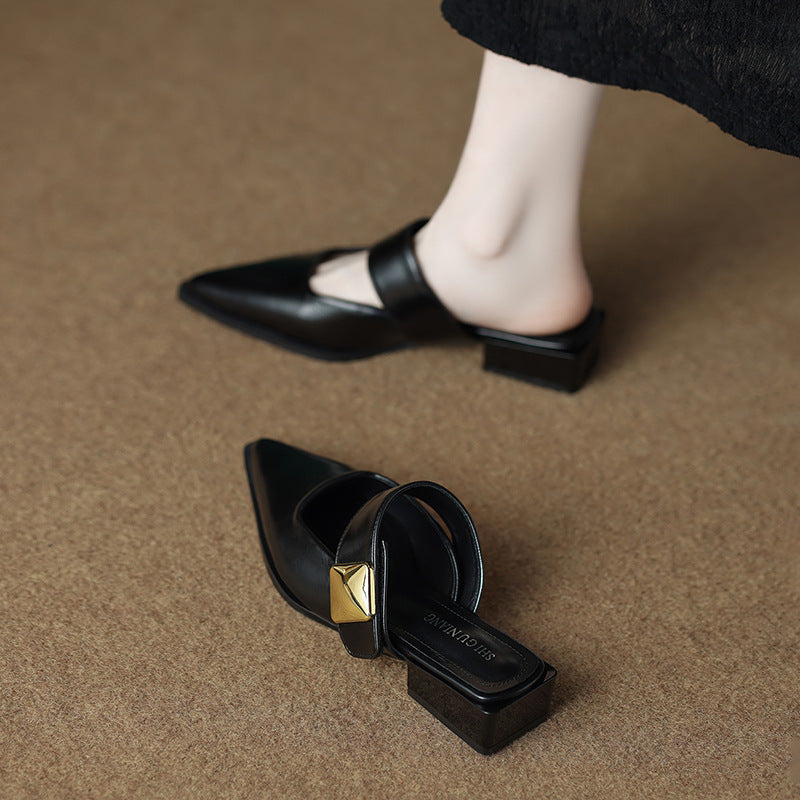 pointed-toe mule with wide strap & gold buckle – VERAXUL