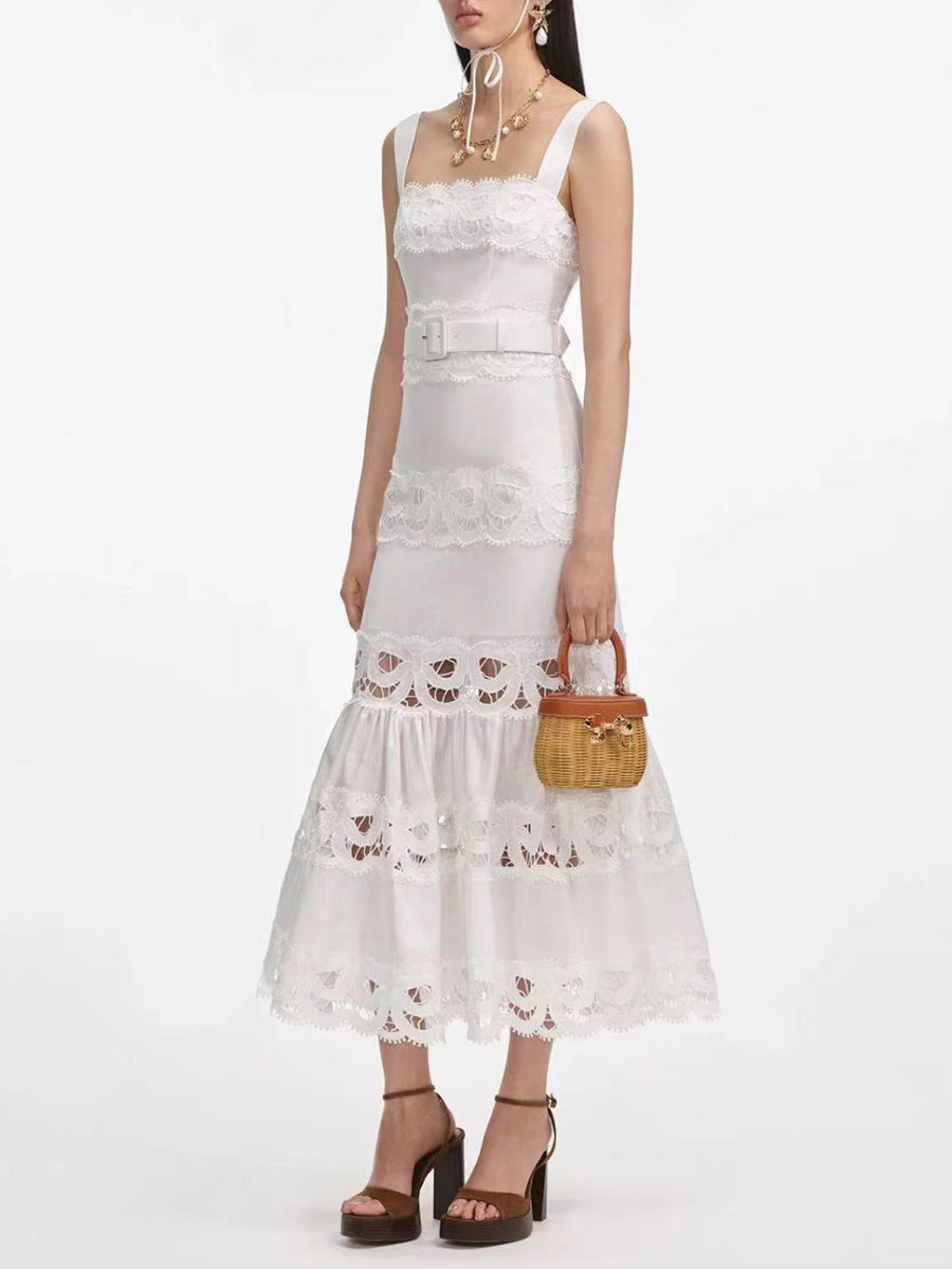 sleeveless lace-panel midi dress with belted waist – CELITERDU