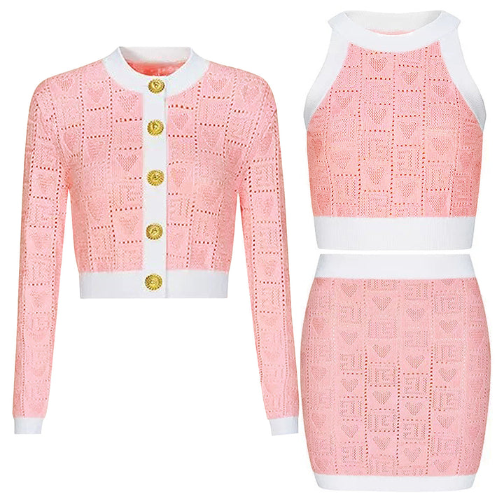 three-piece crochet knit set with contrast trim – LARISSAP