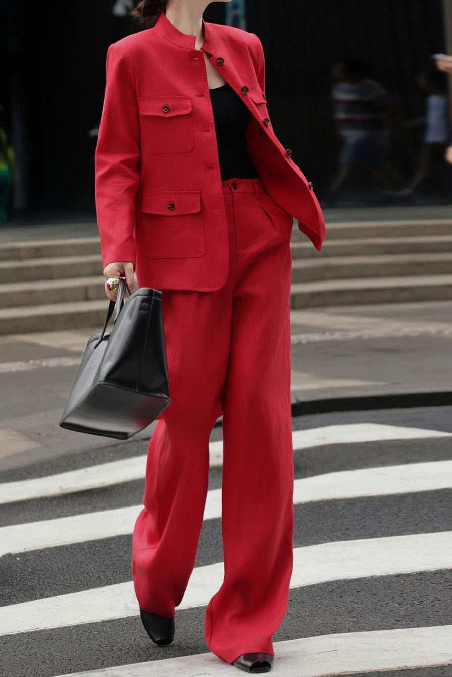 belted mandarin-collar blazer with wide-leg pants – ROSETTA