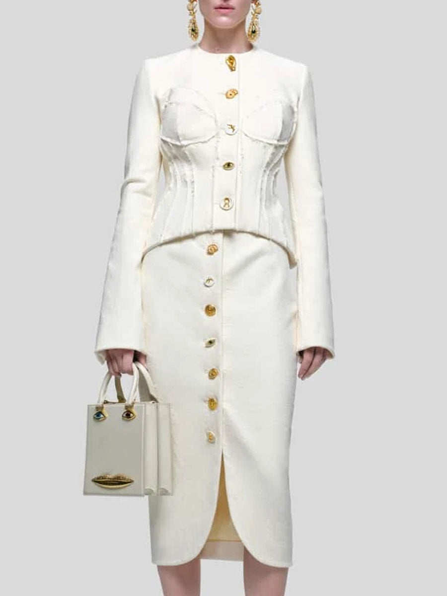 tailored jacket and buttoned midi skirt set with gold accents – ELODIE