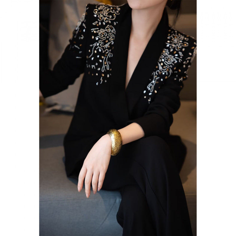 embellished-shoulder tailored blazer set – ASTERA