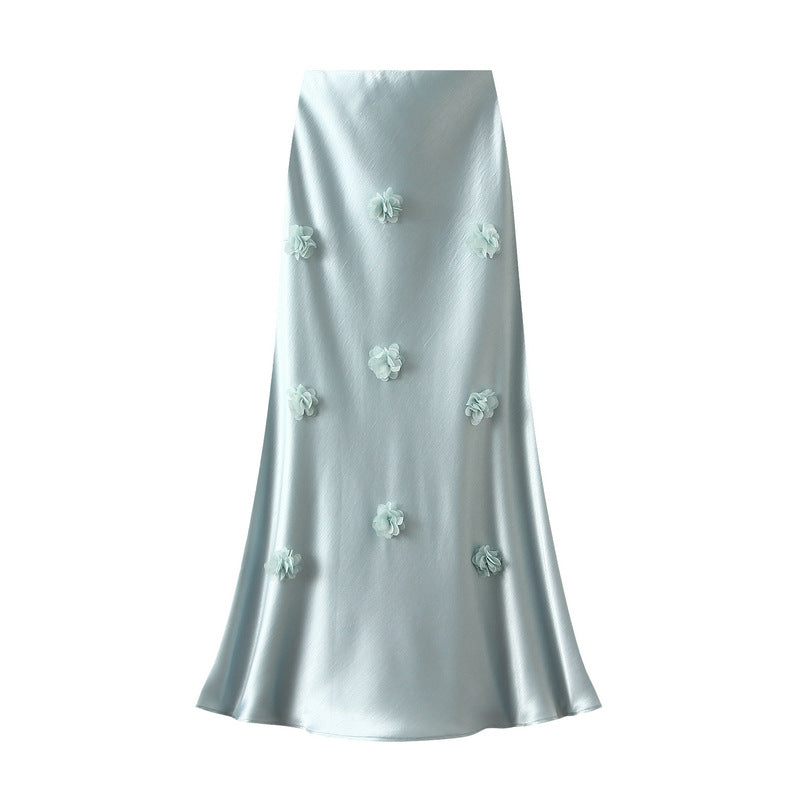 satin midi skirt with 3D floral appliqués – AMÉLIE