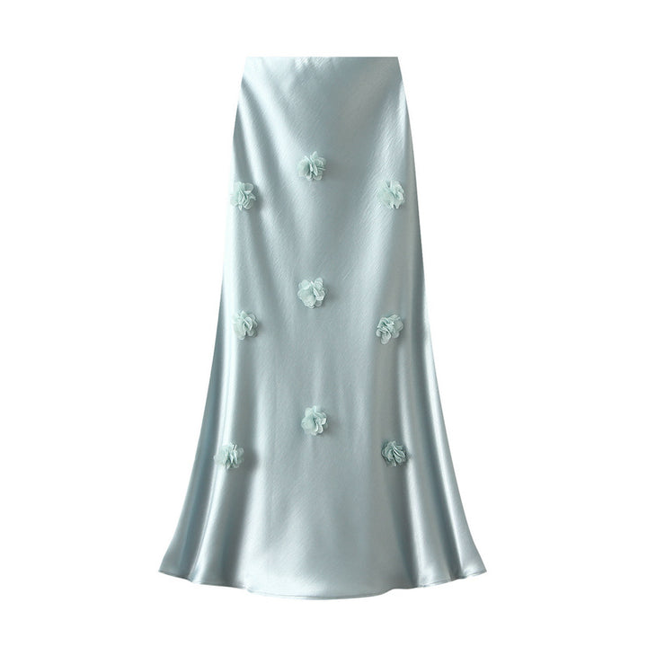 satin midi skirt with 3D floral appliqués – AMÉLIE