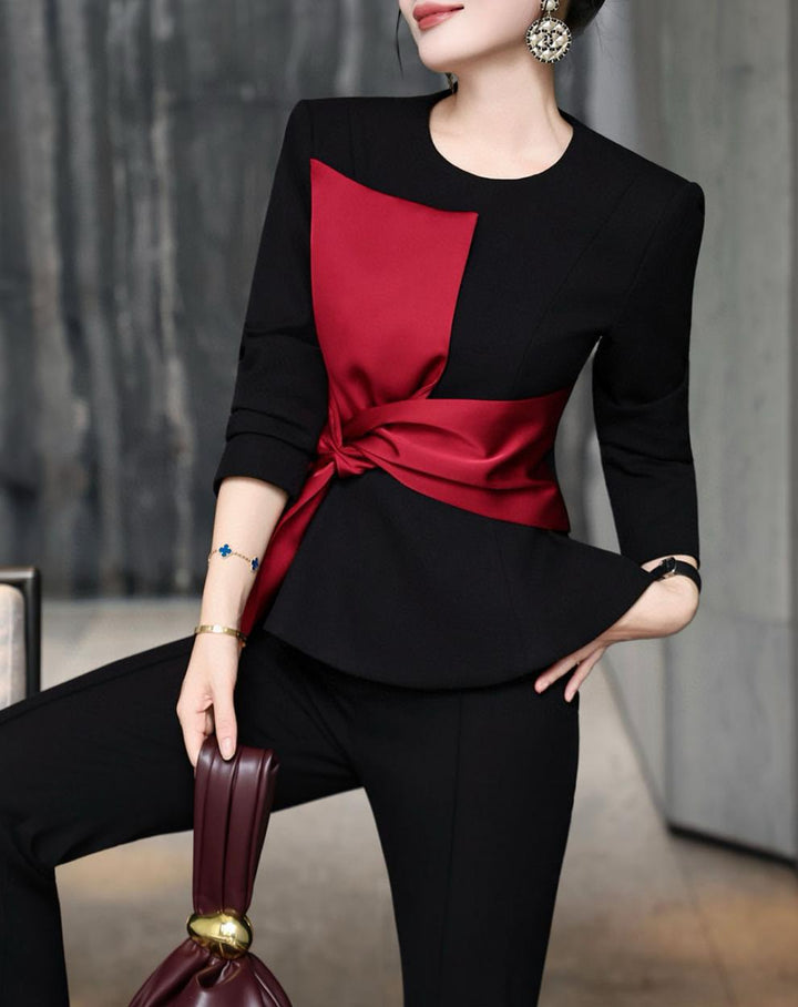 black peplum top with white twist accent & flared pants – AURORA