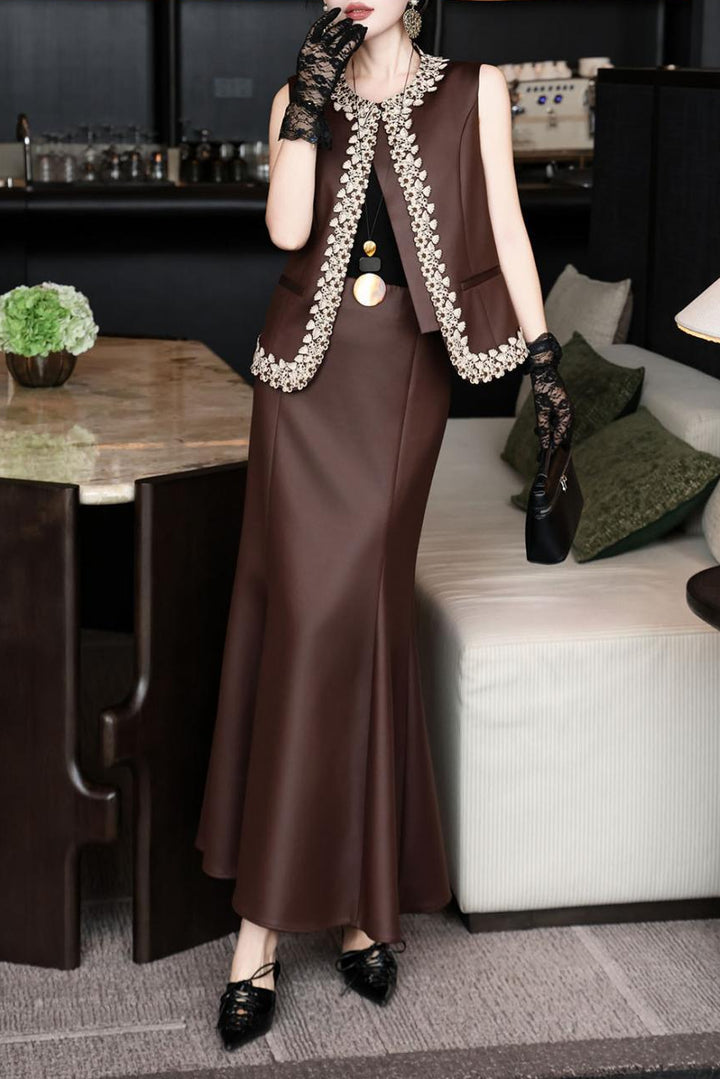 sleeveless tailored dress with embellished open-front vest – DARIYAH