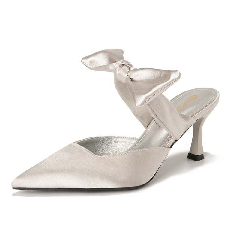 satin pointed-toe mules with bow strap - SOFIA